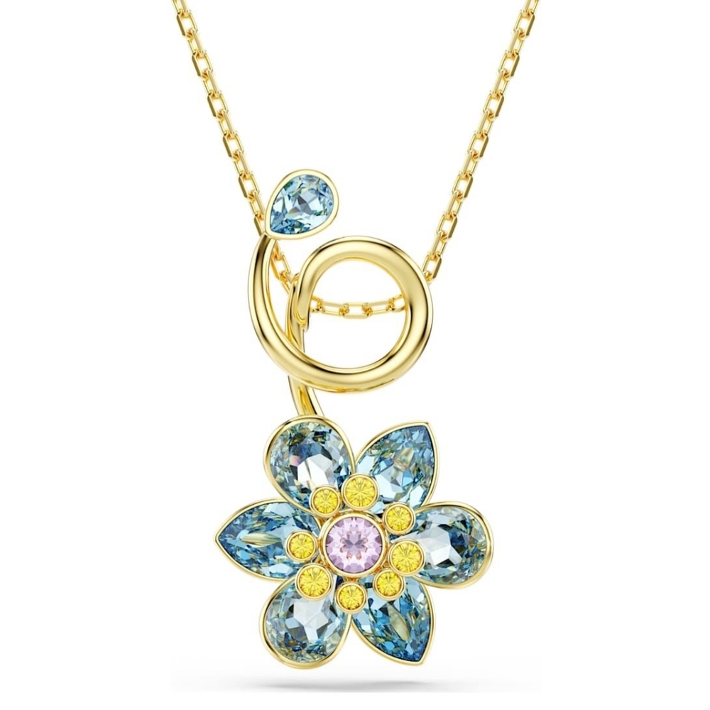 Swarovski Idyllia pendant necklace - Mixed cuts, Flower, Blue, Gold-tone plated